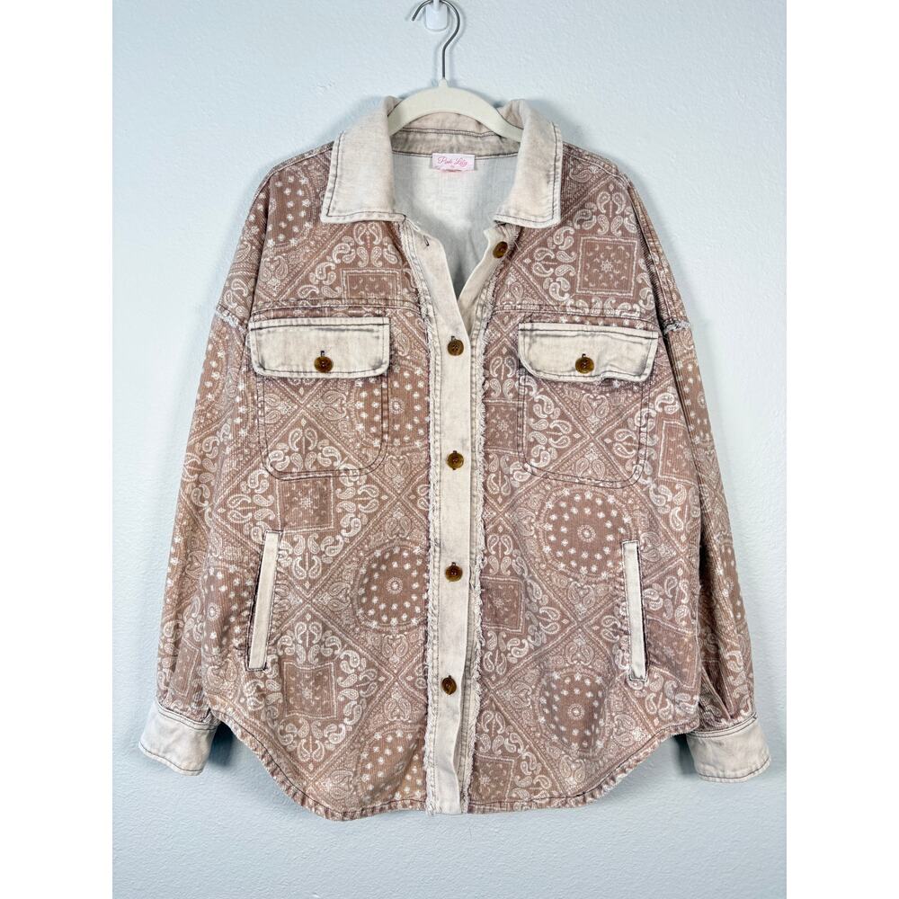 Pink Lily Neutral Oversized Boho Western Bandana Print Corduroy Shirt Jacket
